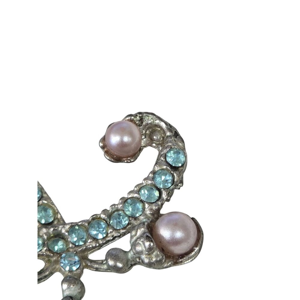 Vintage Silver Tone Aquamarine Blue Rhinestone & Faux Pearl Brooch Pin - Picture 3 of 10
